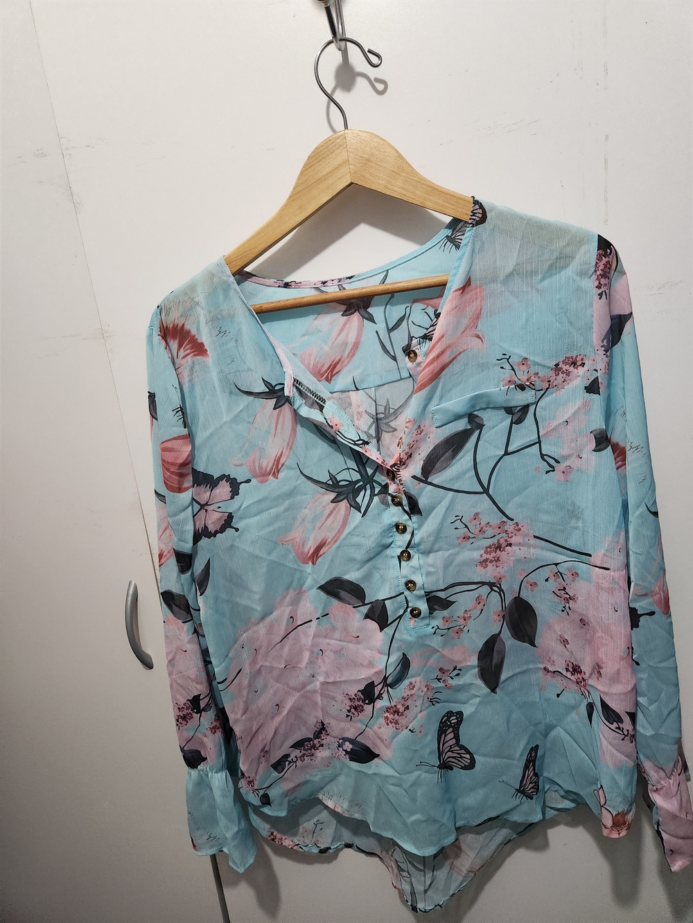 Light Blue Floral Button-Front Blouse